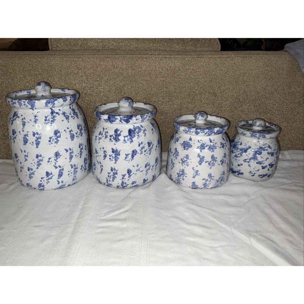 VTG VINTAGE BYBEE POTTERY 4 BLUE SPONGE CANISTERS SET